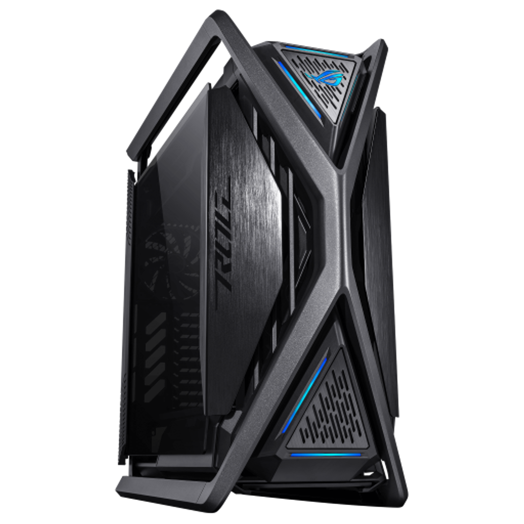 全新ROG Hyperion GR701採用鋁合金陽極處理工藝與高精度CNC銑削技術，外觀俐落時尚；精緻噴砂的X型散熱架構，還可延伸為提把，承受完整裝機後的重量。